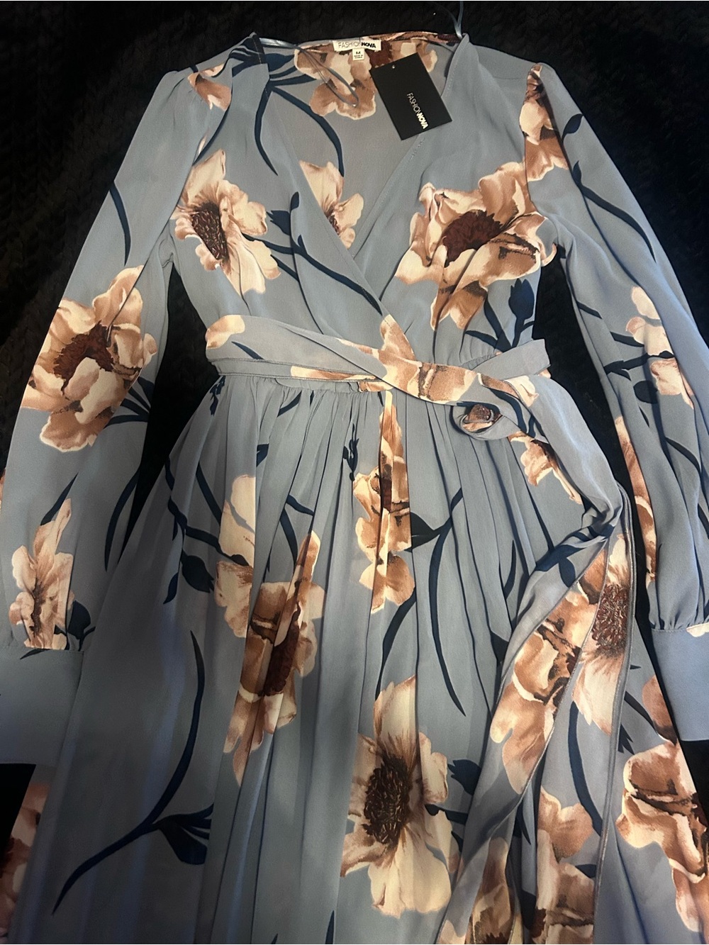 Blue Floral Long Sleeve Wrap Dress - Picture 1 of 4